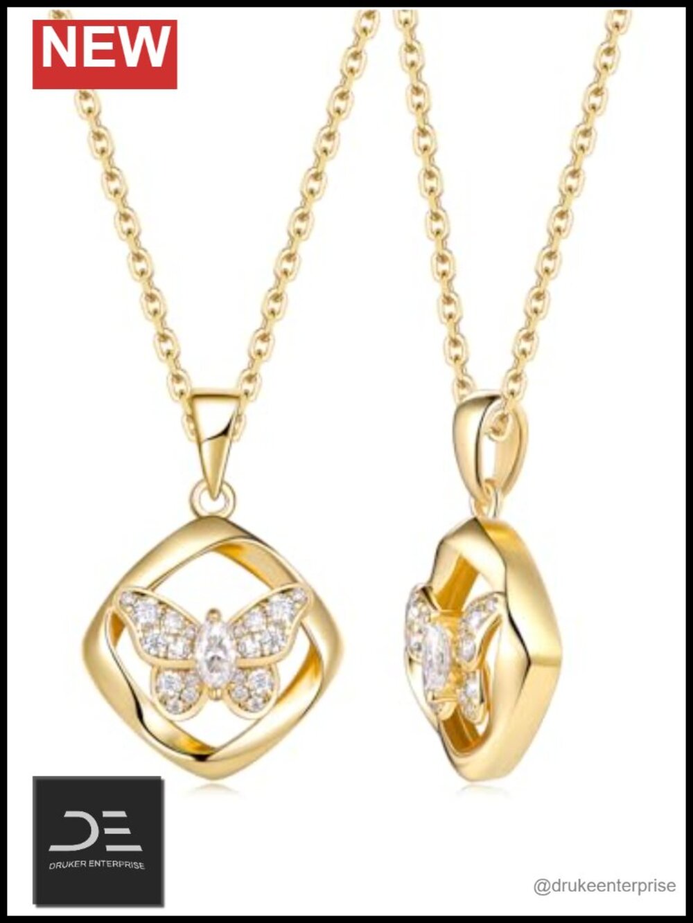 Moissanite Butterfly Pendant Necklace 925 Sterling Silver 18K Yellow Gold Plated